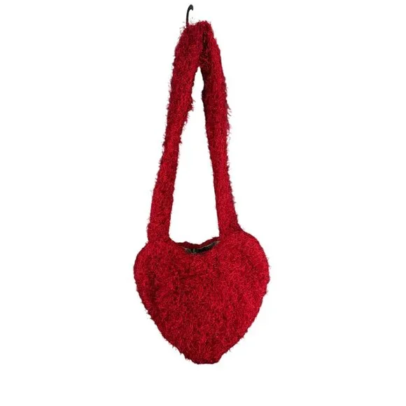 Red Heart-Shaped Fuzzy Shoulder Bag With Magnetic Snap Closure - Picture 2 of 6